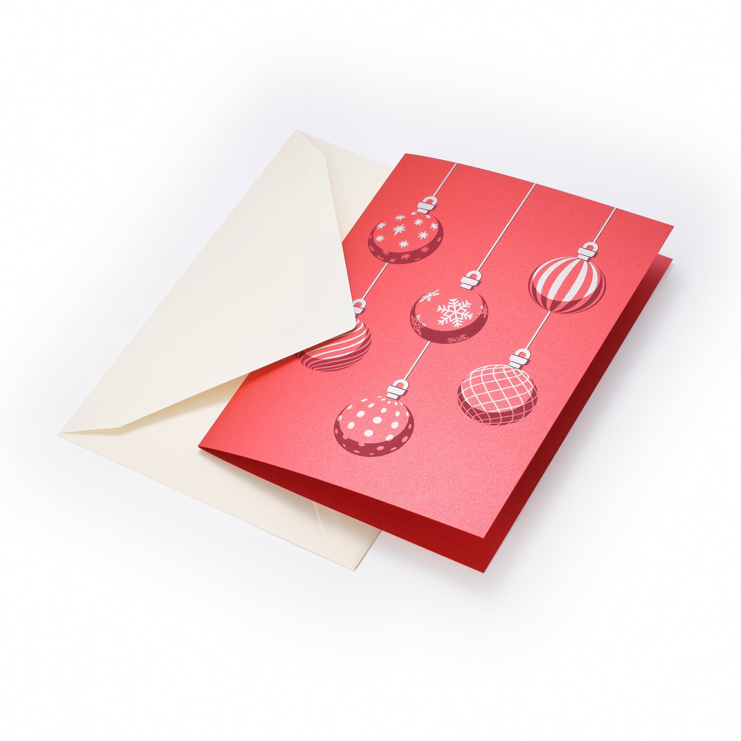 Christmas Greeting Card - Christmas baubles Silver on red